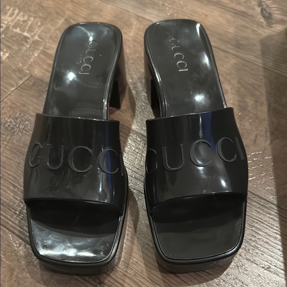 Gucci Black Rubber Chunky Heel Slides
